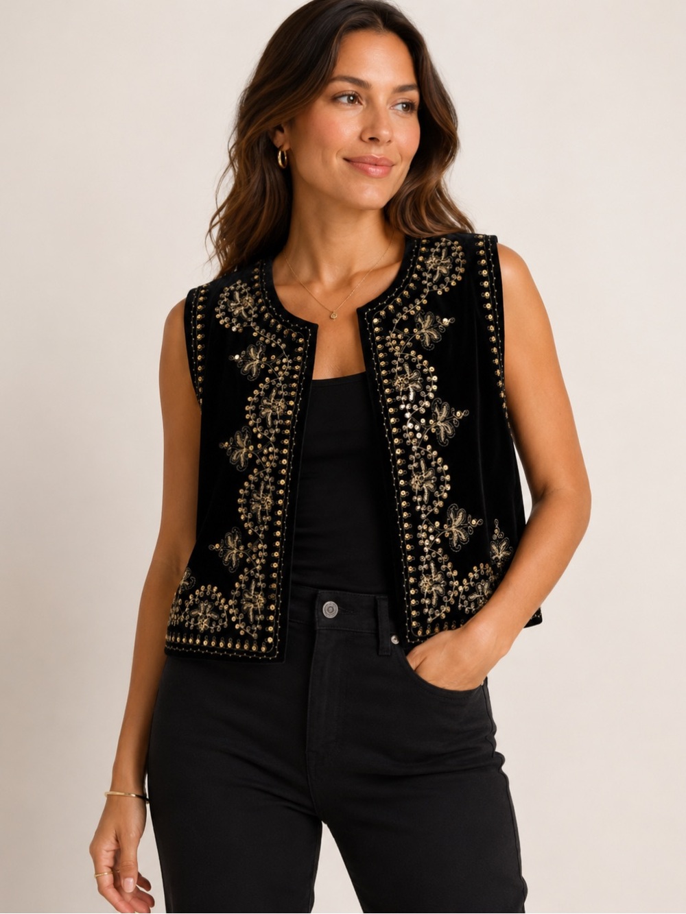 Commense Womens Black Velvet Embroidered Vest With Gold Detailing‎ - Size M